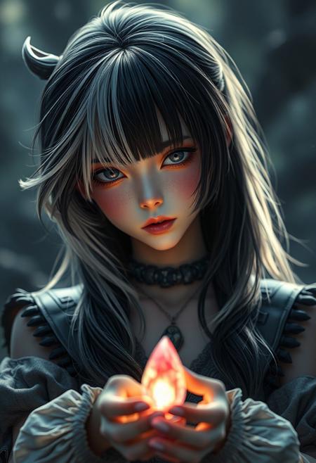 Dusky-somber, nightmare woman with black-and-platinum hair, adventure heroine in a cute style, holding a small, softly glowing wish-ruby, high-realism and detail, pastel-toned, cinematic and dramatic, lifelike, photogenic, wide-angle perspective, sharp focus on the character, motion-blur in background, shimmer in asymmetrical hair