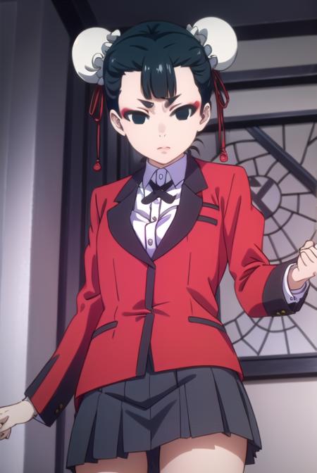 miriyoubami, <lora:miri youbami s2-lora-nochekaiser:1>,
miri youbami, short hair, bangs, black hair, hair bun, (black eyes:1.5), double bun, makeup, empty eyes, bun cover,
BREAK skirt, shirt, school uniform, jacket, white shirt, pleated skirt, collared shirt, black skirt, blazer, (red jacket:1.5),
BREAK indoors, classroom,
BREAK looking at viewer, (cowboy shot:1.5),
BREAK <lyco:GoodHands-beta2:1>, (masterpiece:1.2), best quality, high resolution, unity 8k wallpaper, (illustration:0.8), (beautiful detailed eyes:1.6), extremely detailed face, perfect lighting, extremely detailed CG, (perfect hands, perfect anatomy),