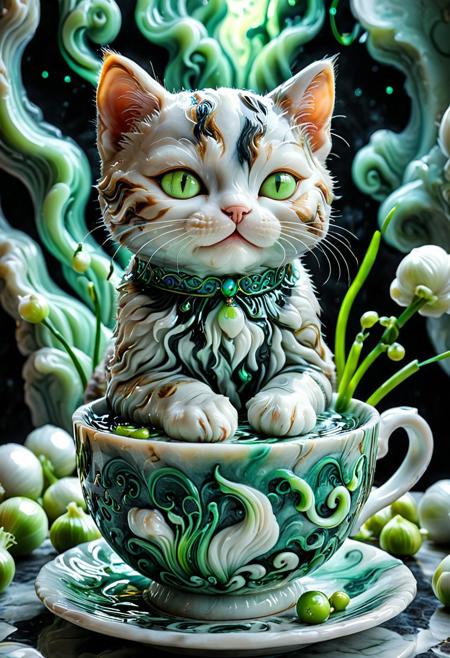 Liquid Marble, kitten with marble appearance, sitting in a teacup. The tea cups have an antique, decorative and gorgeous design. green onions, overflowing tea, Around it is a soft, shining light, cute poses, eyes closed, fantasy style, Wanted shiny silk background,