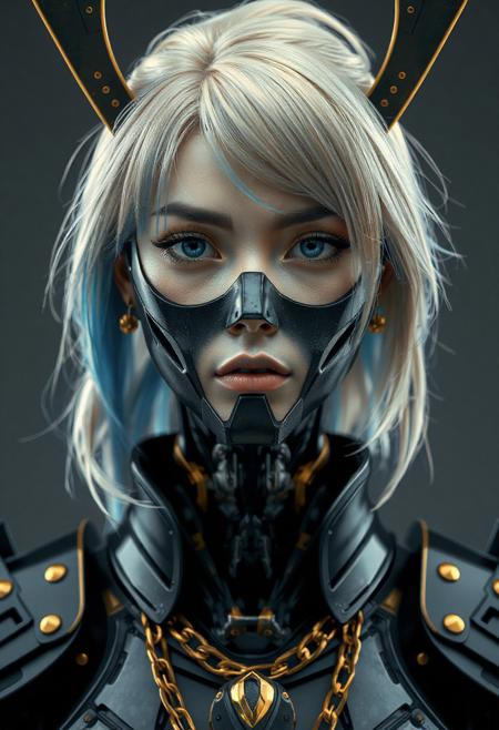 Front View Portrait of a female blonde Humanoid with a futuristic black and gold samurai armor, robotic humanoid face, advanced technology, blue hair, her neck is covered with a matte black steel robotic device, golden jewelries, Centered Composition, cyberpunk, hip-hop aesthetics, intricate details, realistic shadows and details, ultra sharp, sharpness, extremely detailed, superb quality, 8K, Vibrant colors, saturated colors, high contrast, studio lighting,