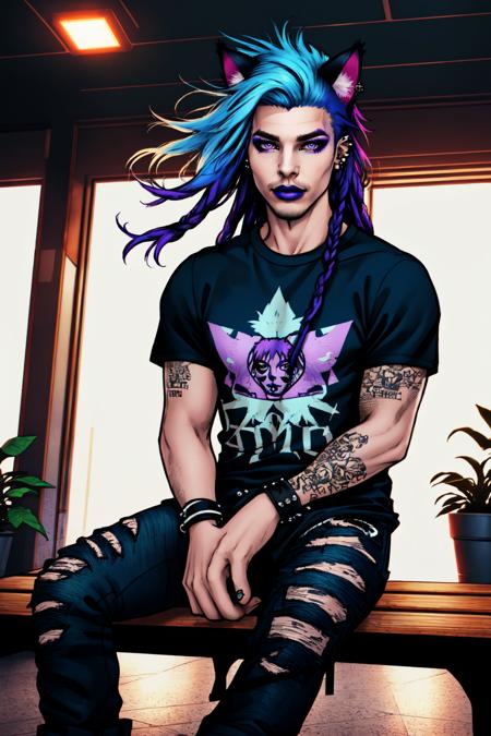 (masterpiece, best illustration, extreme light and shadow), 1boy, solo, (male focus:.7), transgender male, (blue hair), long hair, dreadlocks, violet eyes eyes, cat ears, animal ears, (mature), perfect face, side lighting, lustrous skin, (bloom), (shine), wearing a blue tshirt, denim jeans, goth makeup, wristband, emo punk style, (punk:1.5), jewelry, (perfect hands:1.2), depth of field, tattoos, shy, sitting on a bench in a shopping mall, (indoor lighting:1.2), wind swept hair, (sidelighting), (volumetric lighting), <lyco:Tobias:0.5>