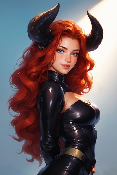 The image depicts a character with long, wavy red hair and large black horns. She is wearing a form-fitting black outfit with a high collar and a gold belt. The background is a gradient of light blue to white.