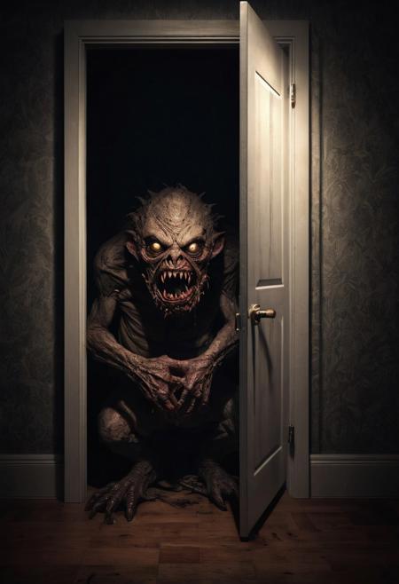 The light of a flashlight shines into a closet on the left side in a dark  bedroom, a disgusting horror monster is sitting in the closet, st_monsters, high detailed, high resolution, photorealistic