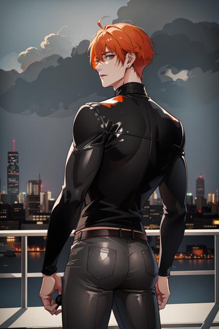 masterpiece, best quality, 1 male, adult, tall muscular, handsome, orange hair, old leather jumper, black leather pants, looking back, (abandoned city), upper body, (grey sky)