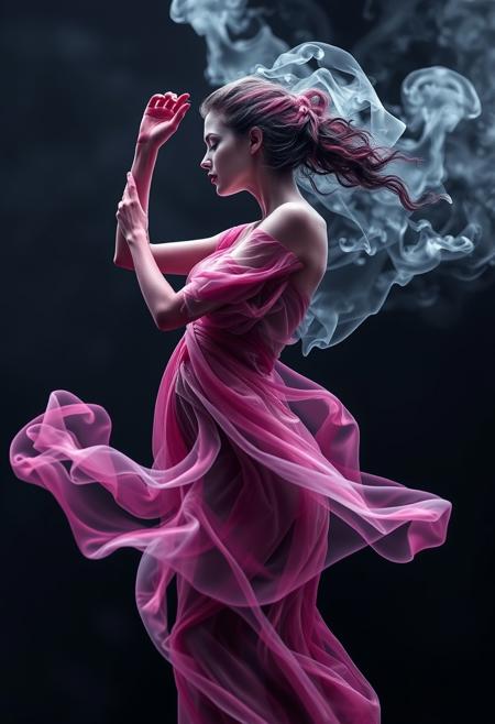 smoke sculpture portrait of a woman, in the style of flowing fabrics, delicate ink washes, dance, juliana nan, clear and crisp, mandy disher, movement and spontaneity captured