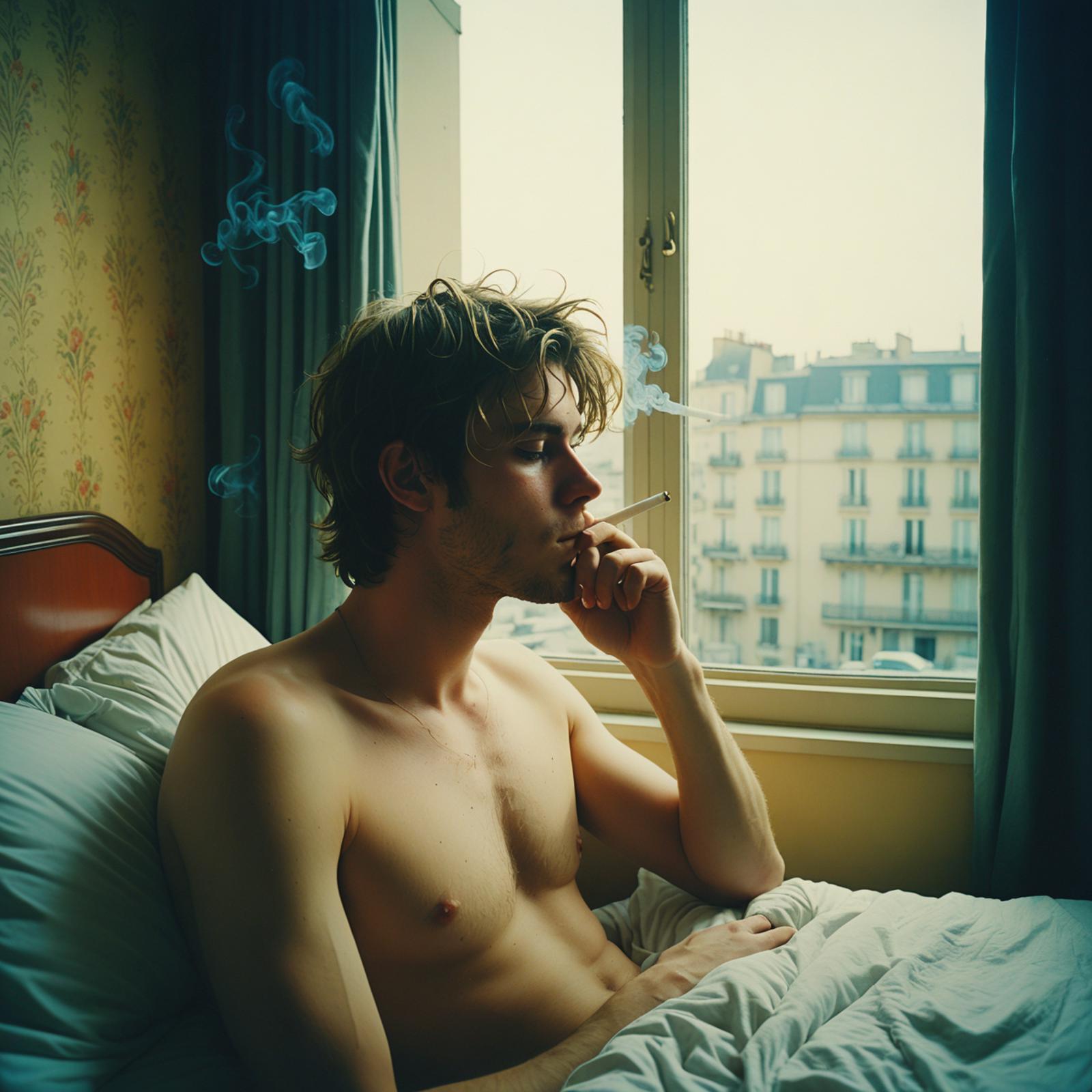 A shirtless man smoking a cigarette in bed in front of a window.