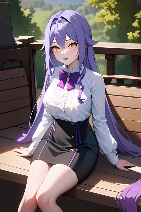 ((masterpiece, best quality)),1girl,sitting,outdoors, sirin,long_hair, long_sleeves, looking_at_viewer, pencil_skirt, purple_bow, purple_hair, skirt, solo, thigh_strap,black_skirt, very_long_hair,cowboy_shot, white_shirt, yellow_eyes,,,,,,, ,extremely detailed CG unity 8k wallpaper, perfect lighting,Colorful, Bright_Front_face_Lighting,White skin, (masterpiece:1.0),(best_quality:1.0), ultra high res,4K,ultra-detailed, photography, 8K, HDR, highres, absurdres:1.2, Kodak portra 400, film grain, blurry background, bokeh:1.2, lens flare, vibrant_color,professional photograph,(Beautiful medium_Breasts), (beautiful_face:1),(narrow_waist),Beautiful Finger,Beautiful long legs,Beautiful body,Beautiful Nose,Beautiful character design, perfect face,perfect balance,