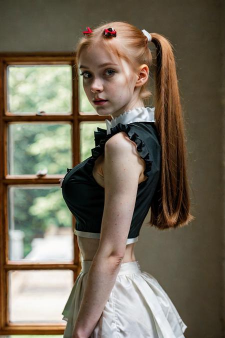 girl, (perfect face), (green eyes:1.2), (slender body:1.2), (pale skin:1.3), basement, (high ponytails:1.3), bows, (ginger hair:1.3), (black maid uniform:1.2), (guilty pose:1.4), (guilty look:1.3), (perfect natural big breasts:1.3), BREAK. shallow depth of field,bokeh,natural lighting,high quality,film grain,Fujifilm XT3,8k,uhd,RAW photo,masterpiece,photorealistic,ultra-detailed,  <lora:age_slider-LECO-v1:-2>, <lora:zoom_slider_v1:-3>,