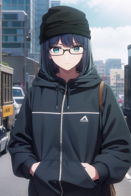 akanekurokawa, <lora:akane kurokawa s1-lora-nochekaiser:1>,
akane kurokawa, bangs, (green eyes:1.3), blue hair, medium hair, dark blue hair,
BREAK long sleeves, hat, jacket, glasses, hood, black jacket, black headwear, hoodie, hood down, red-framed eyewear, beanie,
BREAK outdoors, city, sun, sky, clouds,
BREAK looking at viewer, (cowboy shot:1.5),
BREAK <lyco:GoodHands-beta2:1>, (masterpiece:1.2), best quality, high resolution, unity 8k wallpaper, (illustration:0.8), (beautiful detailed eyes:1.6), extremely detailed face, perfect lighting, extremely detailed CG, (perfect hands, perfect anatomy),