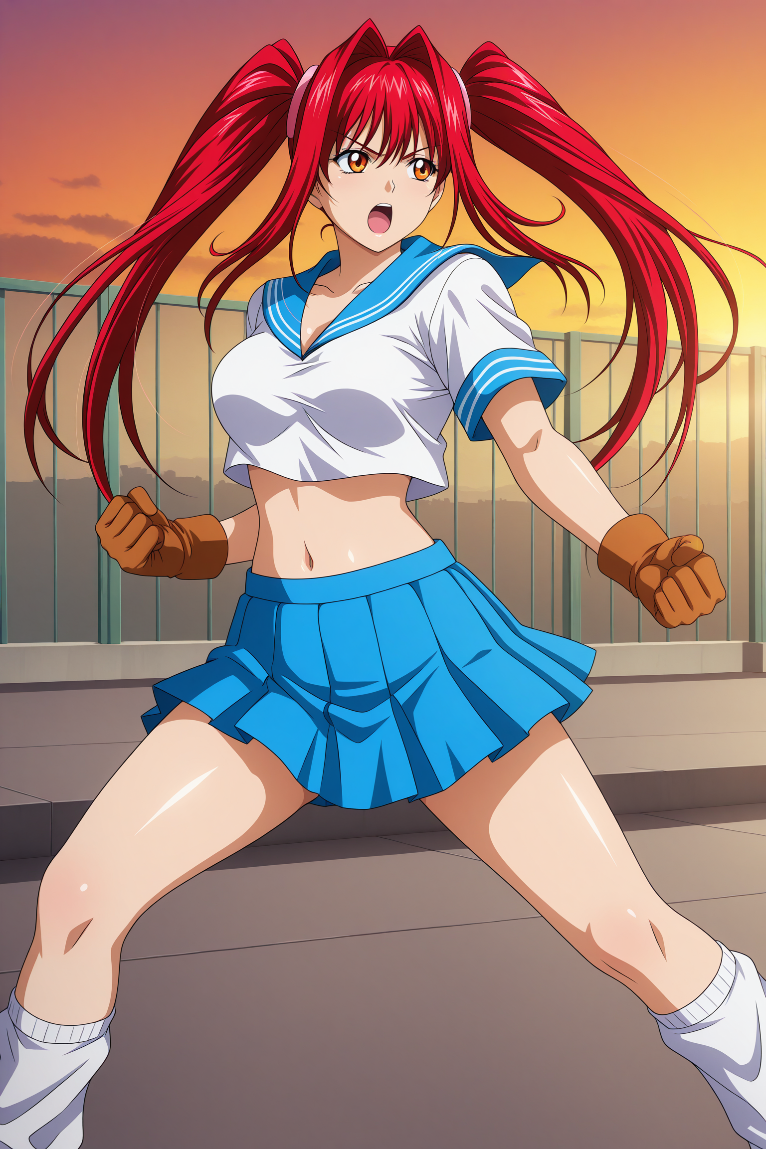 A young woman with orange eyes, bright red hair styled in two high pigtails, and an intense, open-mouthed expression in a low, wide martial arts stance with both hands clenched into fists. Her attire consists of a school uniform, including a white, short-sleeved sailor-style crop top with a blue collar, a blue pleated miniskirt, and white slouchy socks, accessorized with brown gloves. The background consists of a chain-link fence against a bright orange and yellow sunset sky.