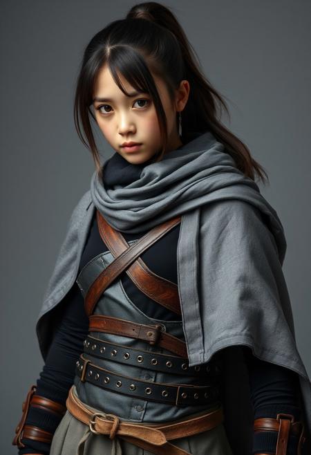 full shot of a japanese ninja girl, she is very young, She has a tall ponytail hair style, She has a scar in the right eye, She wears a grey scarf cape, She wears two warrior belts with chains, she wears a Battle leather corset, she wears a black T-shirt, she wears light grey Explorer trousers, photography studio style, hyper realistic, ultra detailed