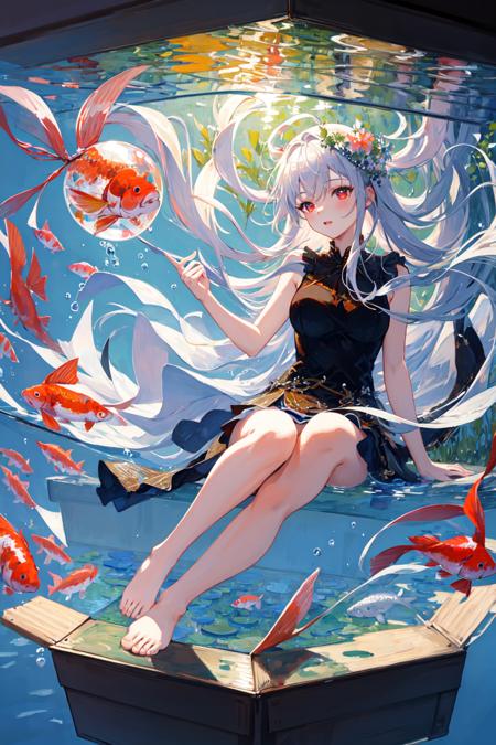 [(Transparent background:1.5)::5],(((masterpiece))),(((best quality))),(((extremely detailed))),illustration, 1girl,solo,mysterious,vivid color,shiny, underwater transparent sealed hemispherical glass dome, white hair,red eyes, full body,barefoot,long hair tranquil nature, koi,Underwater, Dome,close up,Dynamic actions,Lens perspective,(((Box composition))),sit cross-legged and lean against the bookshel,(arm + hand + 1thumb + 4finger),(Impressionism:1.4)