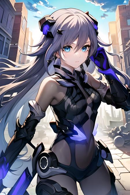 (masterpiece, top quality, best quality, official art, beautiful and aesthetic:1.2),extreme detailed,(fractal art:1.3),long hair,blue eyes,small breasts, <lora:Fu Hua_Five in one_v1.0:0.95>, face,ruins,city,dark tone,Fu Hua(Knight),1girl,solo,bodysuit,pongtail,