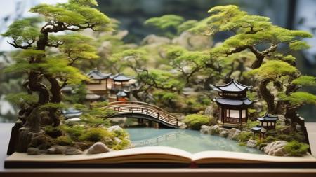 diorama, open book with a miniature Chinese garden, rockery, koi pond, bamboo grove, tea house, bonsai trees, misty atmosphere, soft natural light, delicate craftsmanship, realistic water effects, clay and resin materials, wooden frame, by Takanori Aiba ,4k,8k,Bokeh,
