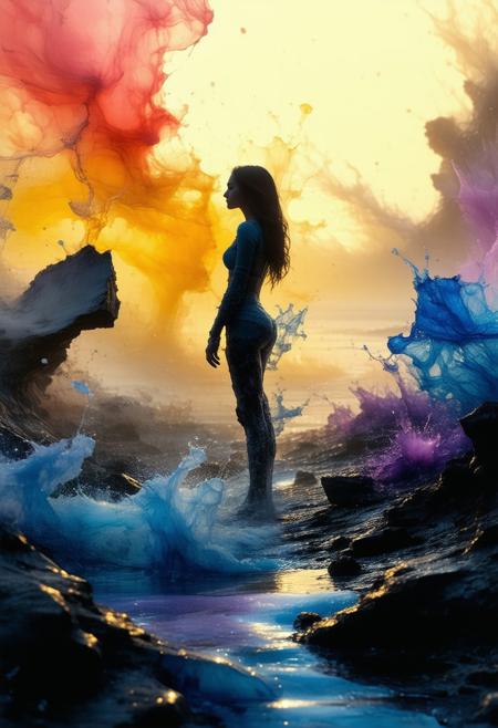landscape, Abstract Liquid Colors from the dark, ultra hd, realistic, vivid colors, highly detailed, UHD drawing, pen and ink, perfect composition, beautiful detailed intricate insanely detailed octane render trending on artstation, 8k artistic photography, photorealistic concept art, soft natural volumetric cinematic perfect light  a sexy female explorer standing in the foreground, silhouetted, sunset