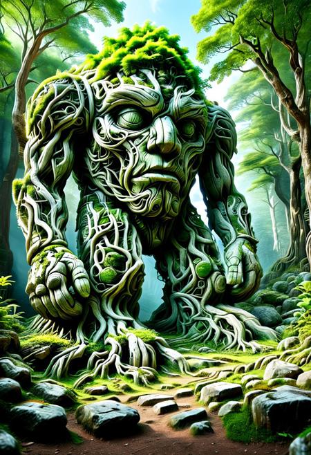 score_9,score_8_up,score_7_up, PG-TR, This is a vibrant, fantasy illustration of a large, golem-like figure that appears to be made of stones and rocks, partly overgrown with lush green foliage. The figure stands in a forested environment, with trees and plants surrounding it, and in the background, ruins or other stone structures are visible. The sky above is clear blue with some white clouds, indicating a sunny day.
The colossus itself is impressively large, with a broad posture and thick, robust limbs. Its body is a mix of gray and brown stones, some smoother than others, with cracks and moss growth emphasizing its age and natural integration. The most striking feature is the dense layer of bright green leaves covering large parts of its torso, shoulders, and upper legs, as if it has become part of the forest itself.
The colossus's face is somewhat human-like, with a stylized, flat nose and indentations suggesting eyes, all formed from stone. The overall atmosphere of the image is one of wonder and mystery, fitting for a fantasy world. <lora:Treeroots_0_90_multi2_Handprocessed_V2:1>