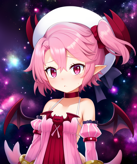 Majolene,pink hair,short hair,side ponytail,pink eyes,
standing,upper body,
gloves,choker,detached sleeves,dress,bracelet,tail,bat wings,demon tail,whit hat,
outer space,stars,
(insanely detailed, beautiful detailed face,  masterpiece, beautiful detailed  eyes, best quality),<lora:Majolene-10D6:0.8>,