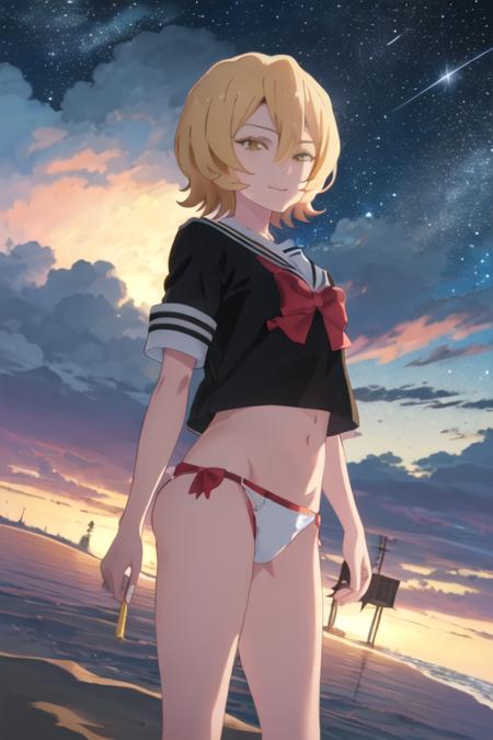 best quality, masterpiece, highres, solo, {night:1.10}, {starry sky:1.10}, beach, beautiful detailed sky, {extremely detailed background:1.20}, {tsuyuno_yatsumura_mahoushoujosite:1.15}, {standing:1.10}, looking at viewer, {bikini:1.30}, blonde_hair, short_hair, yellow_eyes, serafuku, hair_between_eyes, light smile