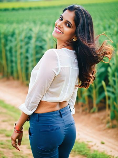 from behind, isometric angle photo of 30 years old desi woman, three fourth body, seductive smile,(long hair:1.2), detailed skin, trousers  35mm film, background of field in bokeh <lora:Desi_Coffee_V30_SDXL_LoRA:0.8>