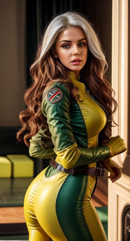 PA7_Photo, (Influencer_138:0.8), detailed eyes, detailed lips, detailed face, small waist, hourglass figure, (8k, high quality, shot on Fujifilm X-T4, 1/200, f16, ISO 1250), (cleavage), huge breasts, <lora:CARTOON_X_MEN90s_Rogue:0.9> cartoon_x_men90s_rogue, ownwaifu, yellow bodysuit, (partially unzipped suit:1.2), (red hair, white hair, big hair), green eyes, belt, gloves, yellow gloves, skin tight green bodysuit, (two-tone hair), headband, floating in the air, electricity, lightning, tall skyscrapers, <lora:epiCRealismHelper:0.99>, <lora:add_detail:1>, <lora:breastsizeslideroffset:0.4>