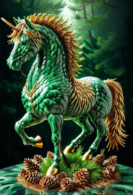 best quality, masterpiece, high resolution, intricate detailed,
sculpture made of pines cones and needles,
(magical horse:1.2) made of green and brown Liquid Marble, melting, translucent, gold veins, ethereal, majestic, detailed digital art, close up, ground shot, 
action pose, dynamic pose,
dark background,
