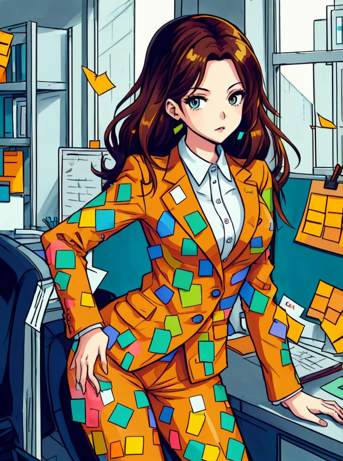 A woman wearing a colorful suit poses in an office setting.