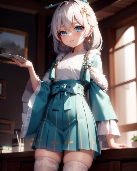 <lora:starlit_astrologos_m1:1>, starlit astrologos, (masterpiece:1.2), (best quality:1.3), ultradetailed, 1girl, standing, cowboy shot, chinese clothes, skirt, white thighhighs, jewelry, jade