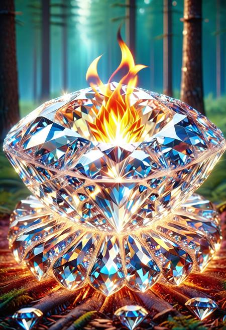 diamondMW, A vibrant, stylized campfire made of diamond, flickering with light and color, a background of a gemstone forest, reflective and refractive surfaces, cinematic lighting highlights the diamond fire's texture, photorealistic style, digital art, hyper realistic style, vibrant colors, glowing effect, ral-crztlgls, cs-cr1stal-v2