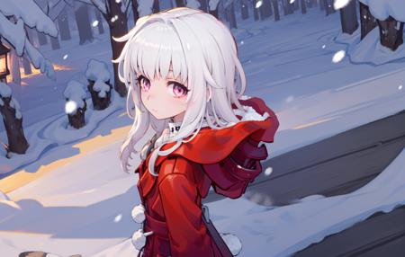 (best quality:1.3),(masterpiece:1.3),(illustration:1.3),(ultra-detailed:1.3),(imid shot:0.9),

1girl, solo, red jacket, sleeves past wrists, long hair,  barefoot, long sleeves, simple background, full body, coat, grey hair, looking at viewer, 
very young, upper body ,short neck, small breasts,

from side,from below,close-up, 

pink eyes, jewel-like eyes,

snowflakes, snow, forest, wooden floor, sunlight, morning,