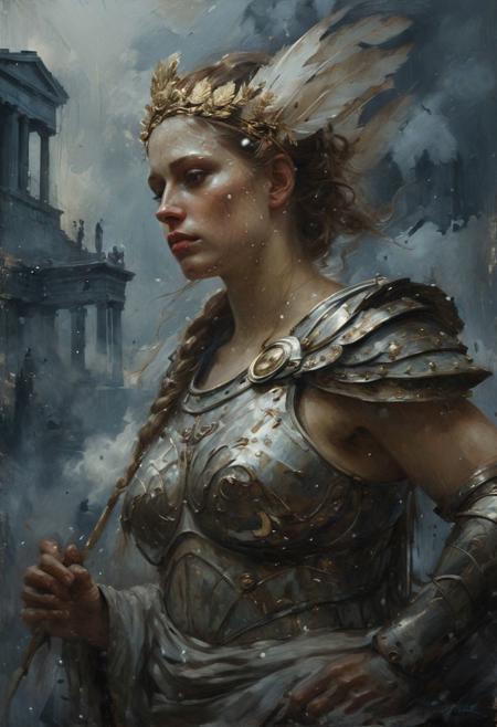 masterful painting in the style of Anders Zorn | Marco Mazzoni | Yuri Ivanovich Pimenov, oil on canvas,
adaptive and halcyon atmosphere with dispersion, refined details, cloud, ruins city in the air, Athena the  ancient greek Goddess, grunge armour, 
(brown and ivory dark blue colors:0.1),  (center composition, symmetry:0.1), style by nty, at night, dramatic lights, dynamic shadows, cinematic scene, fog, mist, it's snowing
