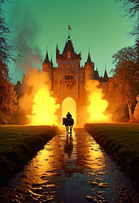 The duo arrives at a grand castle gate at dawn, the first light casting the castle in a golden glow. Dreamlike smoke hovers over the moat, lending the scene an air of anticipation and grandeur. Shrek and Donkey exchange determined looks, ready to face whatever lies ahead, their friendship their greatest strength., 
in the style of 80s VHS tape dreamcore retro fantasy, nostalgic, dreamlike quality, VHS screen grab, film grain, static, blurriness, and subtle dust and dirt artifacts
, in the style of an old 80's VHS dark fantasy, VHS screen grab, grainy, old footage