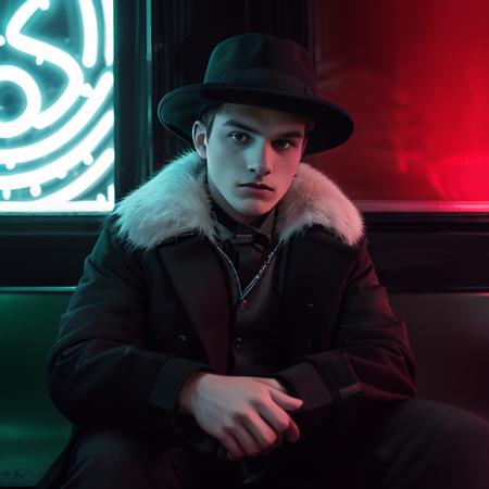 DSLR photo, a young man wearing a black bowlerhat and white fur coat sitting on a red bench in front of a window, (at night:1.3), green neon lighting, (eyes:1.2), <lora:NeonNoir-000002:0.65>, NeonNoir, (backlit:1.1), hard shadow, masterpiece, best quality, Intricate, High Detail, 8k, modelshoot style, film grain, <lora:theovercomer8sContrastFix_sd15:0.3>,