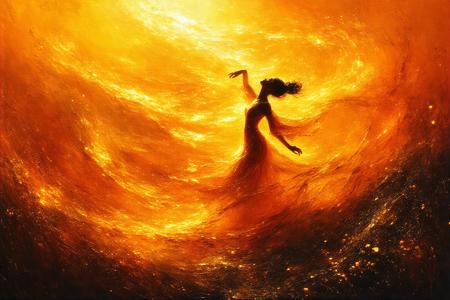 A dancing woman's silhouette emerges in fluid, interwoven strokes of molten gold, her form dissolving into a boundless field of amber and saffron under a blazing celestial light. Low-angle perspective from field level magnifies her stature against swirling horizons where Klimt’s metallic textures meet O’Keeffe’s organic curves. Backlighting etches her edges in solar flares, casting elongated shadows that ripple through textured plains like liquid silk. Heat shimmers distort the air, pollen motes glinting as her tendril-lines unfurl into ancient calligraphic symbols—a transcendent dance of ephemeral light and eternal motion.