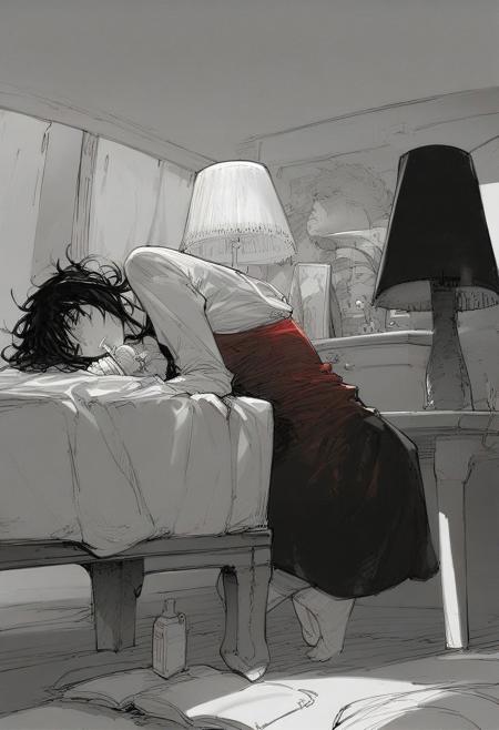 score_9, score_8_up, score_7_up, 1girl, solo, long black hair, red dress, white socks, sitting on floor, bedroom, holding bottle, drinking, modern room, bedside table, lamp, white sheets, gray pillow, dark green wall, picture frame, aesthetic, realistic style, highly detailed.Expressiveh, Castoria, hxd, monochrome