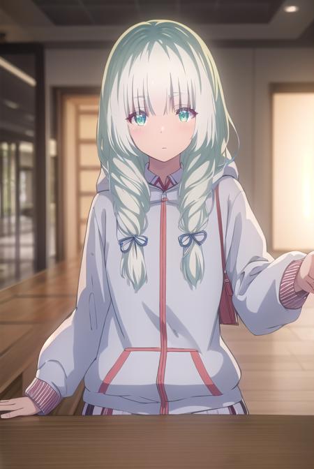 koharuootori, <lora:koharu ootori s1-lora-nochekaiser:1>,
koharu ootori, long hair, bangs, (green eyes:1.3), hair ribbon, braid, white hair, blue ribbon, hair over shoulder,
BREAK shirt, long sleeves, white shirt, collared shirt, hood, sleeves past wrists, hoodie, yellow jacket,
BREAK indoors, classroom,
BREAK looking at viewer,
BREAK <lyco:GoodHands-beta2:1>, (masterpiece:1.2), best quality, high resolution, unity 8k wallpaper, (illustration:0.8), (beautiful detailed eyes:1.6), extremely detailed face, perfect lighting, extremely detailed CG, (perfect hands, perfect anatomy),