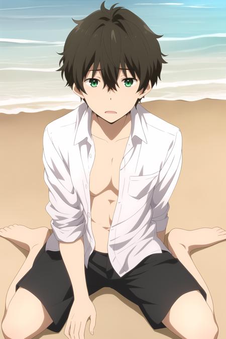 oreki houtarou, 1boy, male focus, solo, brown hair, green eyes, looking at viewer, open shirt, beach, full body, wariza/w-sitting