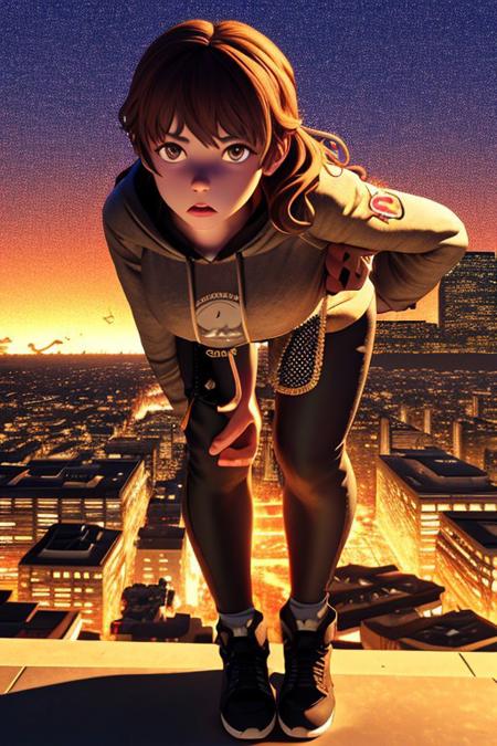 sydsweeney97, 3d background, 
3D, 4k resolution, mysterious girl, leaning forward, intense gaze, long wavy brown hair, golden hoodie, black leather pants, night cityscape, glowing neon lights, detailed urban setting, soft shadows, perfect anatomy, detailed fingers, stunning lighting
 <lora:add_detail:0.4>