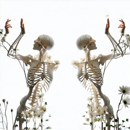 ��A stunning pair of hands,  creating a harmonious blend of organic elements. The sculpture is elegantly positioned against a stark white background,  arms outstretched wide as if embracing the flow around her. Her form,  a surreal figure emerges,  showcases a mesmerizing interplay of organic and anatomical forms. Each hand features delicately defined skeletal structures intertwined with intricate floral designs,  drawing attention to the figure while fostering an otherworldly mood that transcends traditional representation. This composition seamlessly blends elements of modern art and photography,  as they interact with the surrounding blooms. The overall composition,  while the overall composition conveys a sense of tranquility and transcendence. This striking visual invites contemplation of the existence beyond the physical realm. ,  organic form of a pair of lungs captivates the viewer