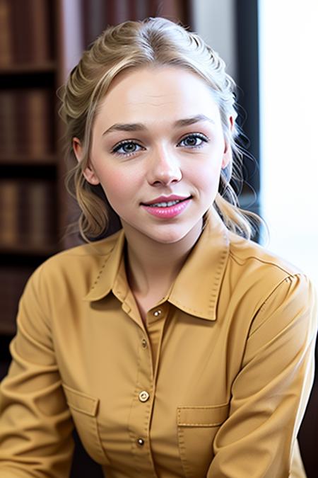 a photo of AM001_Liv_A_v2,
25 years old woman weared (long-sleeve shirt:1.2)
sitting at the table in the library, <lora:LowRA:0.3>,
soft light, golden hour, cheerful mood, shoulder shot, close up, 
4k textures, natural skin texture, skin pores, adobe lightroom, photolab, intricate, highly detailed, sharp focus, professional photo, insane details, intricate details, hyperdetailed, hyperrealistic