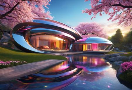(masterpiece:1.5), unreal 8k wallpaper, unity 8k wallpaper, score 9, score 8 up, score 7 up, masterpiece_portrait, extreme quality, reflection, surface reflection, dynamic lighting, Cinematic style, cinematic quality, ((no humans, no people)), photorealistic, realistic, a spectrum of iridescent colors, precise, fractal design, flowing curves, precision, colorful, fractal geometry, harmonic interference, digital illustration, photo manipulation, altered realities, fantastical scenes, digital artistry, striking visuals, sharp focus, detailed background, light reflection, futuristic and fantasy of boundless opportunities and architecture, an huge and extremely intricate house built in a futuristic fluid style, on one side of the house is a beautiful stream that whines around the property, you can find magnificent cherry blossom trees all over the property with beautiful multicolored flowers, a beautiful sunrise Cascades amazing spectrum light across the property, the house itself is made of such intricate and fascinating Platinum materials that are highly polished with intricate glass windows, on a beautiful alien world this place is so beautiful and tranquil, photorealistic, realistic, fluid architecture, futuristic architecture, high fantasy,