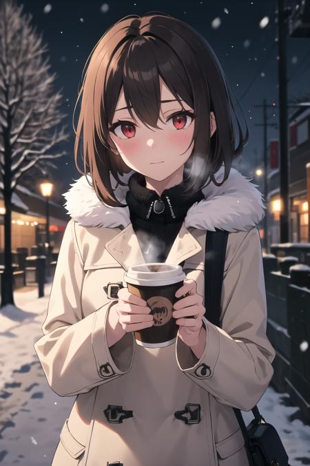 1girl,red eyes, disposable cup, looking at viewer, holding cup, outdoors, snow, long sleeves, bangs, coffee cup, tree, closed mouth, bare tree, hair between eyes, bag, winter, black ribbon, snowing, brown hair, coat,upper body, sidelocks, blush, fur collar,steam,night,movie scene,cinema lighting