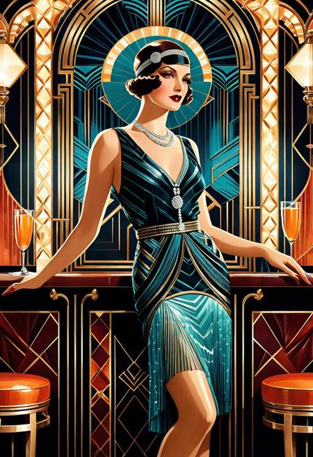Art Deco glamour, vintage poster style, 1920s flapper fashion, bold textile patterns, painterly realism, rhythmic geometric design, elegant bar interior, nostalgic elegance, vibrant spontaneity, stylized typography, classic composition, glowing lighting, sultry atmosphere, structured abstraction, retro-modern fusion, dramatic portraiture, fashion illustration, smoky ambiance, ornamental detailing, timeless sophistication