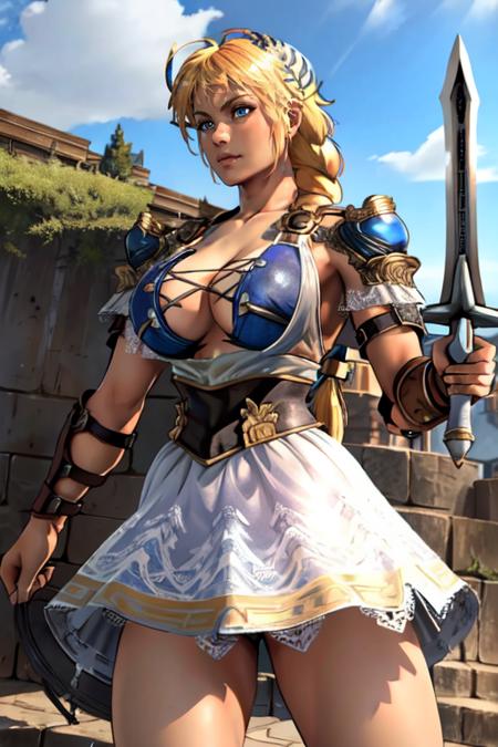 masterpiece,best quality,extreme detail,8k,<lora:sophitia:0.8>,sophitia2, 1girl, solo, long hair, breasts, blonde hair, large breasts, cleavage, weapon, braid, sword, armor, single braid, armored dress