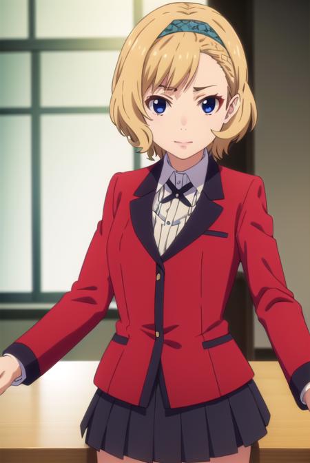 itsukisumeragi, <lora:itsuki sumeragi s2-lora-nochekaiser:1>,
itsuki sumeragi, short hair, blue eyes, blonde hair, braid, hairband, smile,
BREAK skirt, shirt, school uniform, jacket, white shirt, pleated skirt, collared shirt, black skirt, blazer, (red jacket:1.5),
BREAK indoors, classroom,
BREAK looking at viewer, (cowboy shot:1.5),
BREAK <lyco:GoodHands-beta2:1>, (masterpiece:1.2), best quality, high resolution, unity 8k wallpaper, (illustration:0.8), (beautiful detailed eyes:1.6), extremely detailed face, perfect lighting, extremely detailed CG, (perfect hands, perfect anatomy),