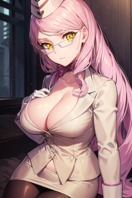 koyanskayaofdarkness, <lyco:koyanskayaofdarkness-lyco-nochekaiser:1>,
koyanskaya of darkness, long hair, pink hair, swept bangs, (yellow eyes:1.5),
BREAK brown pantyhose, choker, cleavage, collarbone, eyewear strap, flight attendant, garrison cap, glasses, gloves, grey-framed eyewear, hat, jacket, long sleeves, miniskirt, navel, neck ribbon, pantyhose, pencil skirt, ribbon, ribbon choker, skirt, travel attendant, white gloves, white jacket, white skirt,
BREAK looking at viewer,
BREAK indoors,
BREAK <lyco:GoodHands-beta2:1>, (masterpiece:1.2), best quality, high resolution, unity 8k wallpaper, (illustration:0.8), (beautiful detailed eyes:1.6), extremely detailed face, perfect lighting, extremely detailed CG, (perfect hands, perfect anatomy),