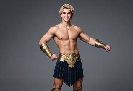 Civilization 6 style,1boy, day, <lora:model_01:0.9>, Medium shot, mid to full body, Alexander The Great of Macedon, youthful, tan, blonde, Muscular, aesthetic and youthful athletic male body and face, Cocky, grinning, flexing, Macedonian armor with muscle cuirass