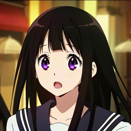 <lora:Chitanda:0.8>, (masterpiece:1.1),(bestquality:1.2), highres, original, extremely detailed wallpaper, official art, facing the lens, 1girl, skinny, purple eyes, black hair, beautiful detailed eyes, medium breasts, bishoujo, cute face, open mouth, serafuku, hdr, blurry background