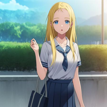 ((masterpiece)),((highres)),((best quality)),((highly detailed)),((extremely detailed CG unity 8k wallpaper)),illustration,Ushio,medium breasts,facing viewer,:o,(school uniform:1.3),arm at side,(school:1.3),handbag,outdoors,