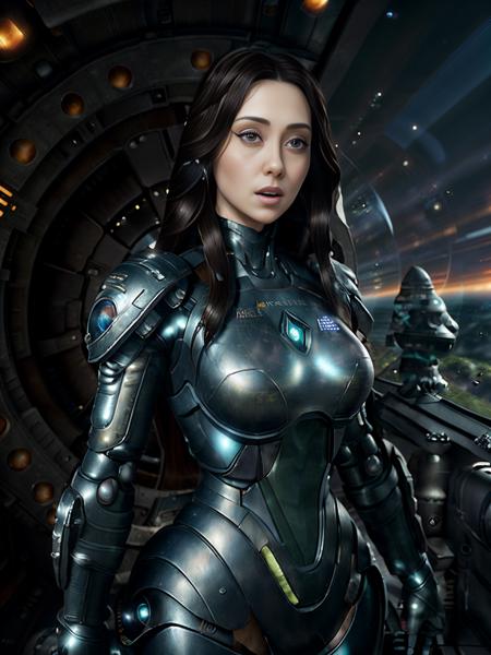 masterpiece, highest quality, 4k, (award winning:1.2) realistic photo of (JessChobot) as a space explorer who has landed near a derelict space station, stars and cosmos in the background on the horizon, nebulae, ((beautiful eyes)), mysterious, ((detailed facial features)), shoulders, exosuit, highly detailed, (ultra realistic), (cinematic), (volumetric lighting), strange surroundings, (ancient ruins)