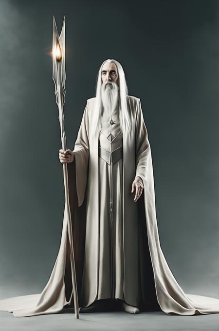 Minimalistic, (Saruman:1.3) as a Minimalist Wizard, Sauron as an Abstract Entity, Simple and Elegant Robes, Symbolic Elements of Balance and Chaos, Clean and Soft Lighting, Calm and Serene Pose, Neutral Expression, Low Contrast, Symmetrical Composition, Monochromatic Color Palette, Shallow Depth of Field, Smooth and Minimal Textures, Translucent and Ethereal Material, Displaying Subtle Power